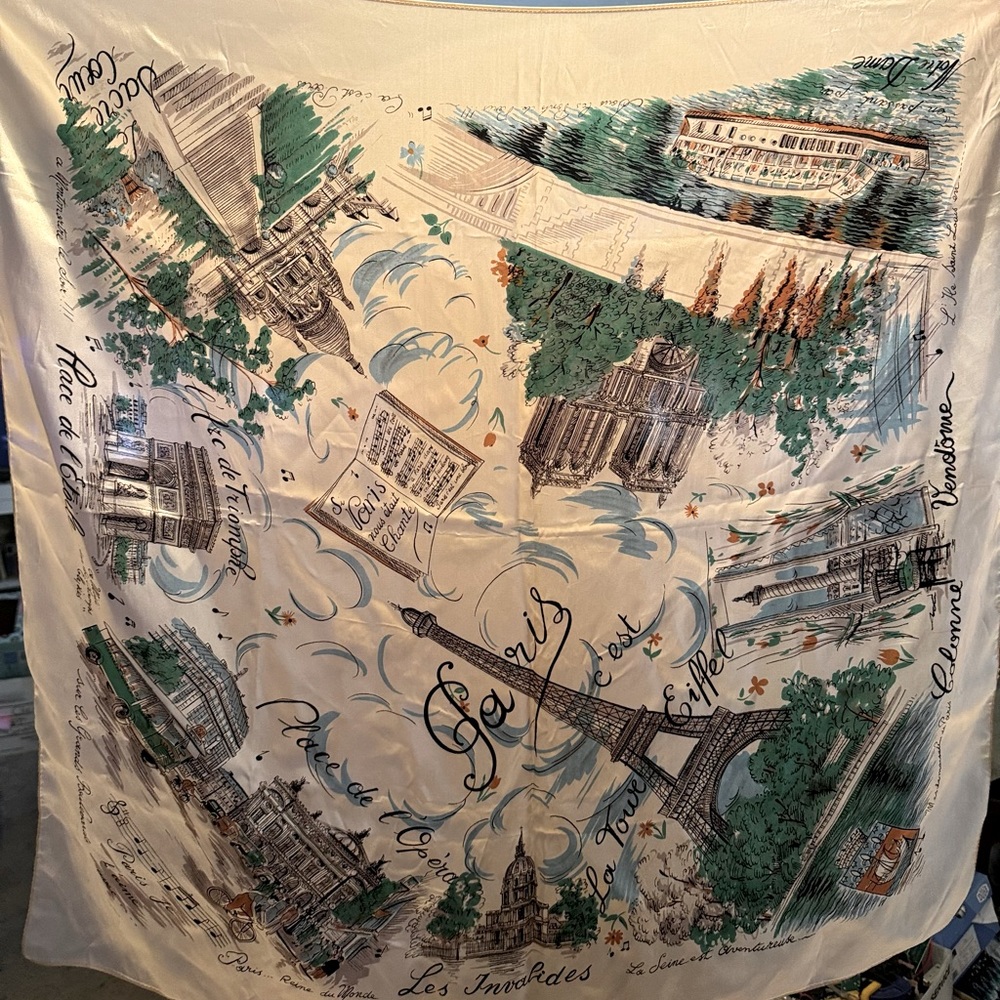 Silk Paris Scarf in Cream with Green and Black Accents